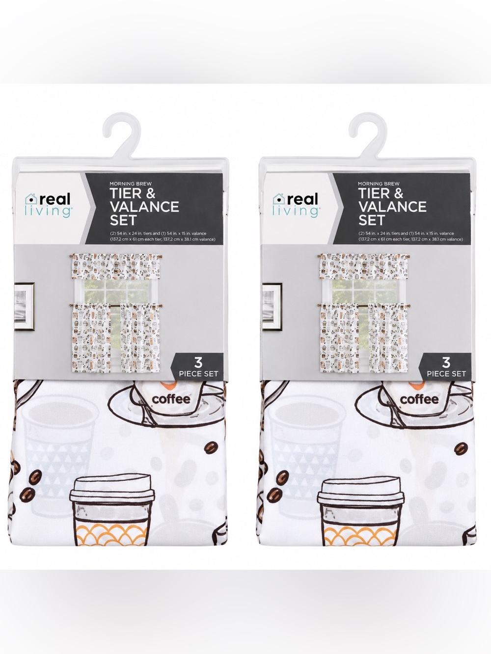 Real Living Coffee Design Kitchen tier & valance Linen Set - White and Brown